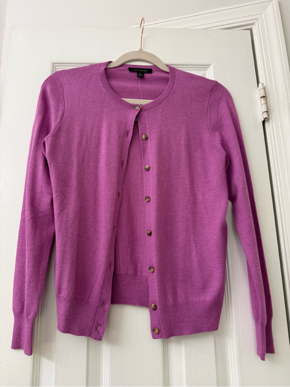 Ann Taylor Purple Crewneck Button-Front Cardigan